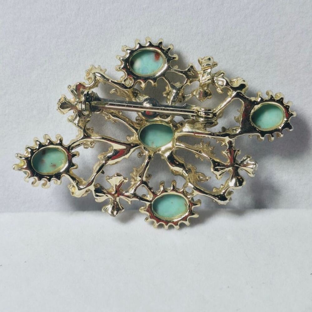 Turquoise Cabochon Floral Cluster Gold Brooch Blue Rhinestone Classic Elegance - Picture 3 of 6
